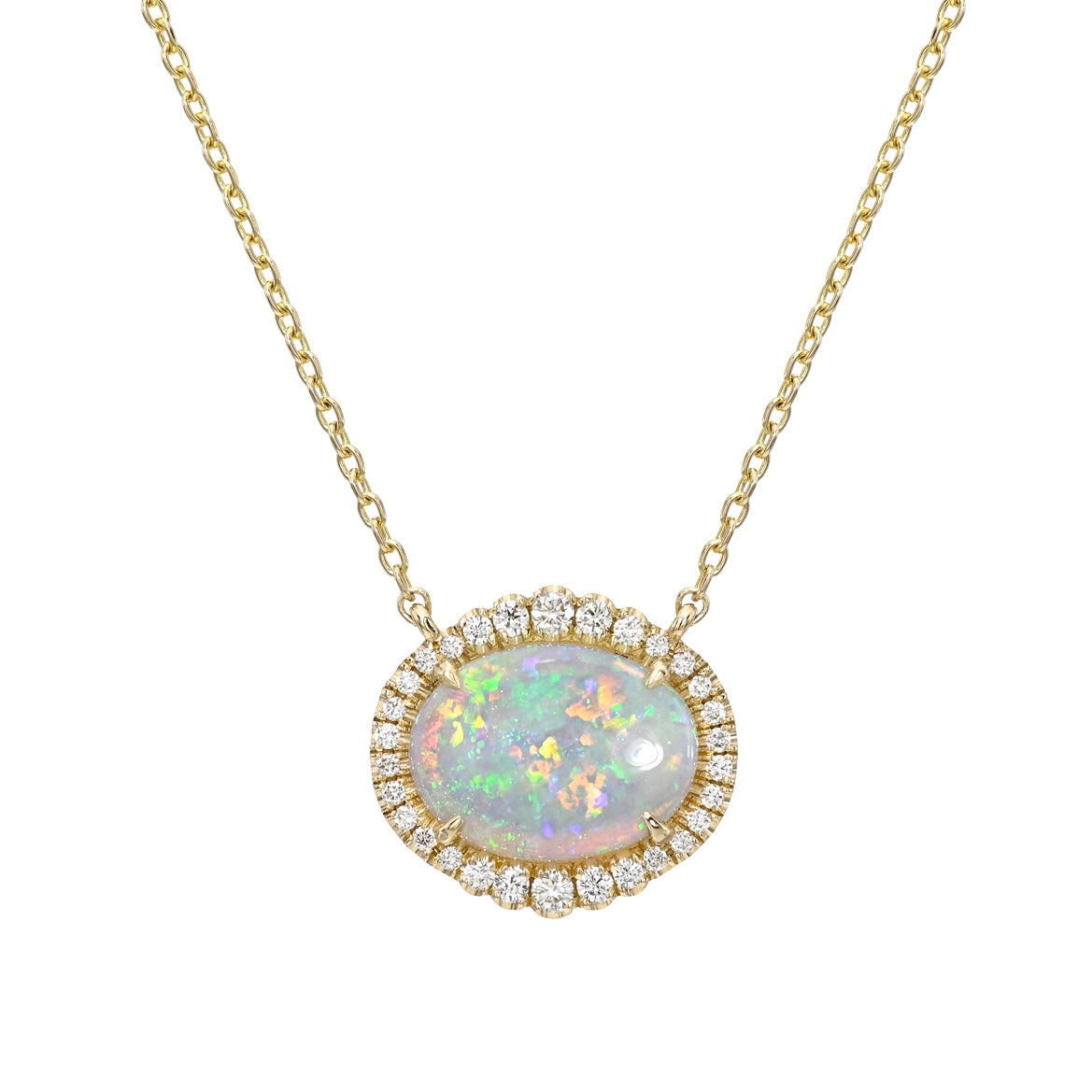 An Australian Opal Necklace by NIXIN Jewelry, featuring a captivating Lightning Ridge crystal opal. This luxury necklace boasts a brilliant diamond halo, perfectly suited for those seeking unique fine jewelry. An elegant opal necklace for women who appreciate rare opal jewelry.