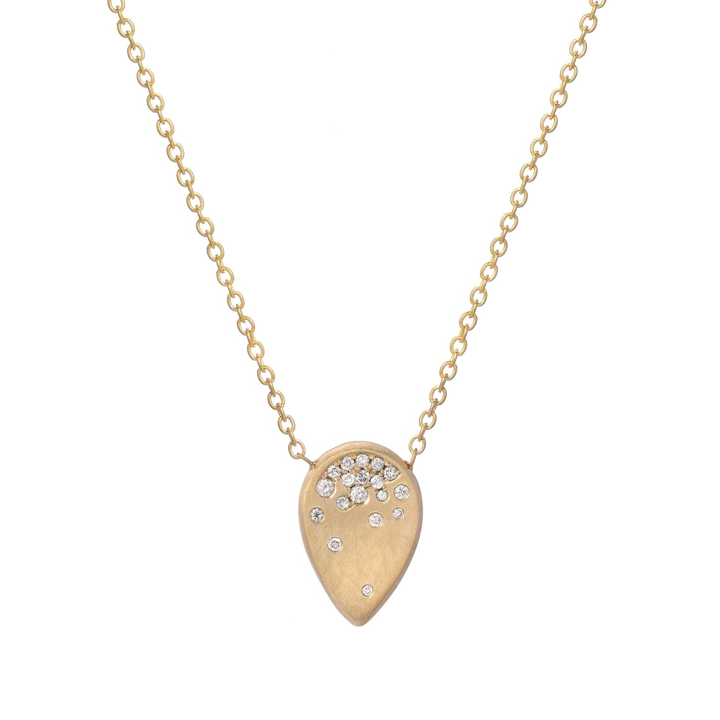 14K Yellow Gold Teardrop Diamond Necklace with Matte Finish and Diamond Cluster. A gold diamond necklace by NIXIN Jewelry.
