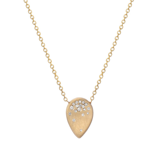 14K Yellow Gold Teardrop Diamond Necklace with Matte Finish and Diamond Cluster. A gold diamond necklace by NIXIN Jewelry.