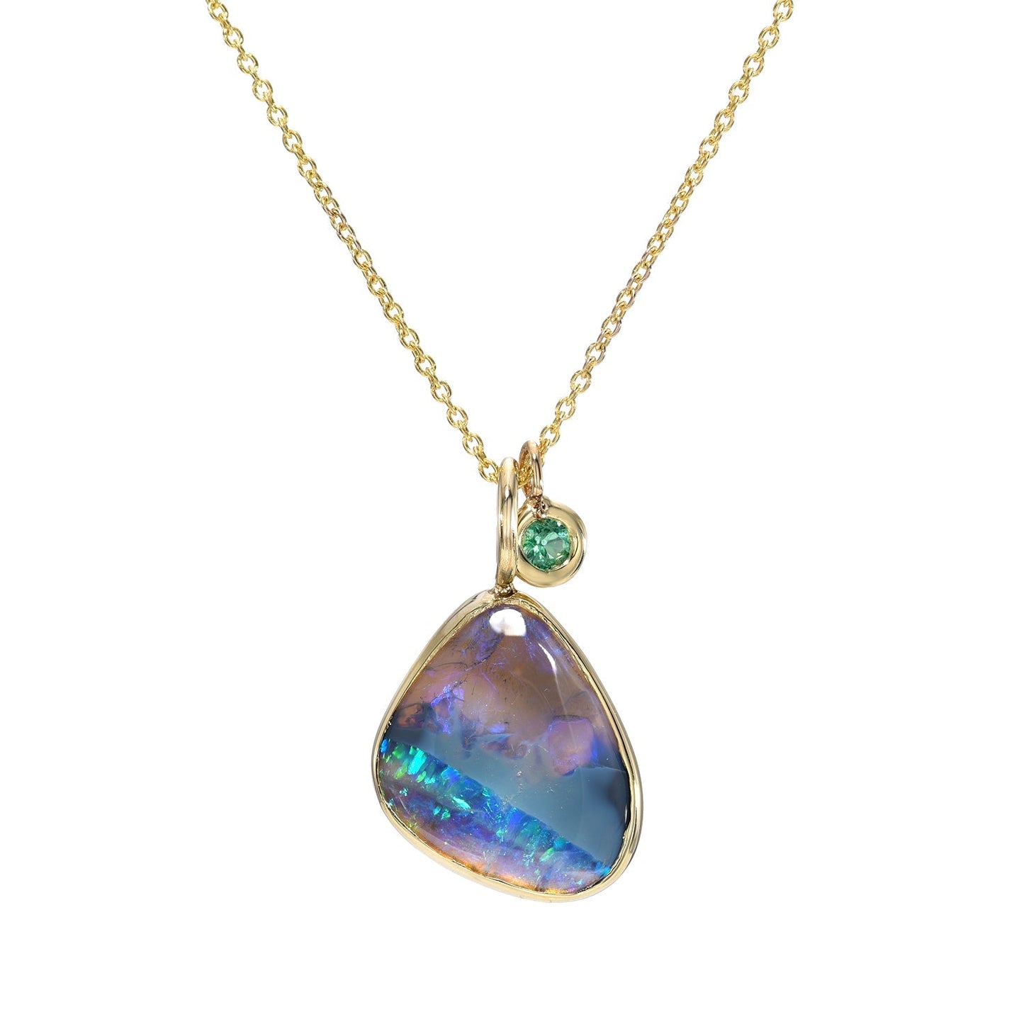 An Australian Opal Necklace by NIXIN Jewelry with a black opal and an emerald in 14k gold.