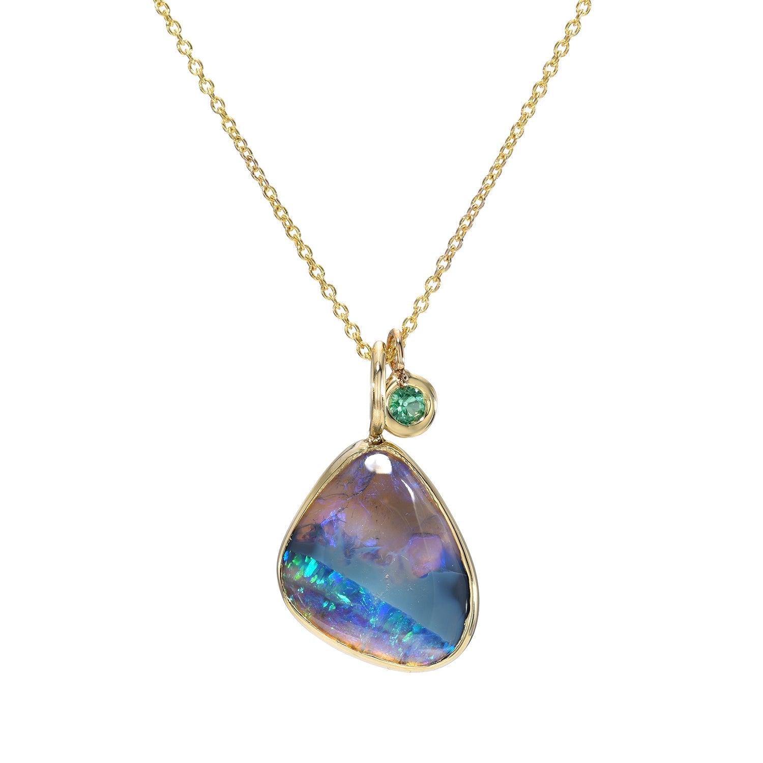 An Australian Opal Necklace by NIXIN Jewelry with a black opal and an emerald in 14k gold.