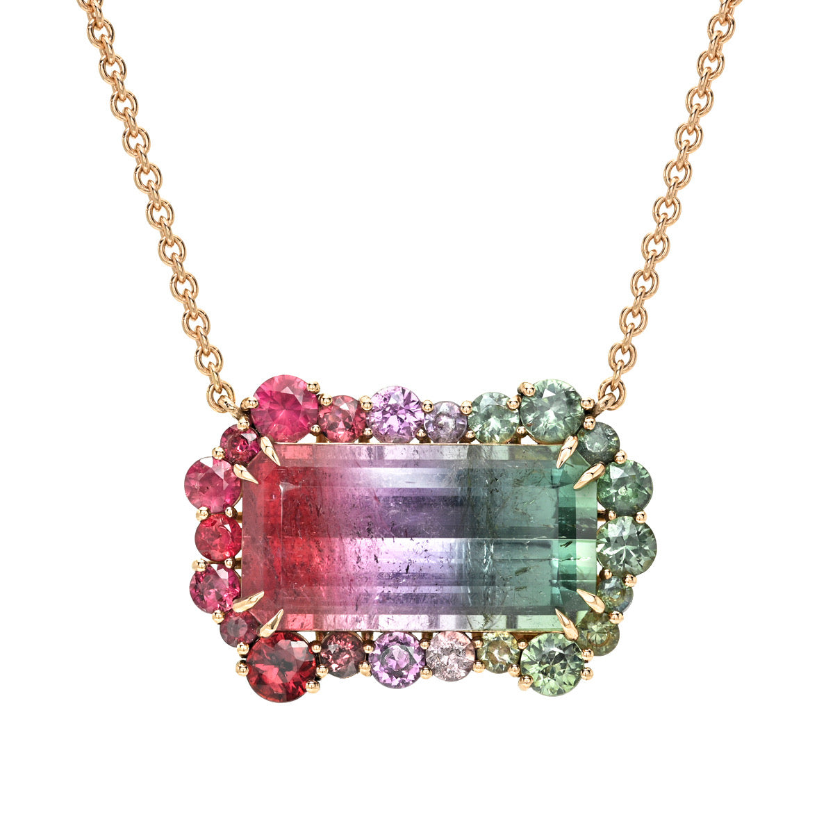 NIXIN Empress Imbued Tourmaline Necklace by NIXIN Jewelry, studio hero shot on white background showing the full tri-color tourmaline and gemstone halo in 14K rose gold.