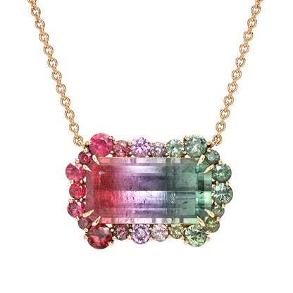 NIXIN Empress Imbued Tourmaline Necklace by NIXIN Jewelry, studio hero shot on white background showing the full tri-color tourmaline and gemstone halo in 14K rose gold.