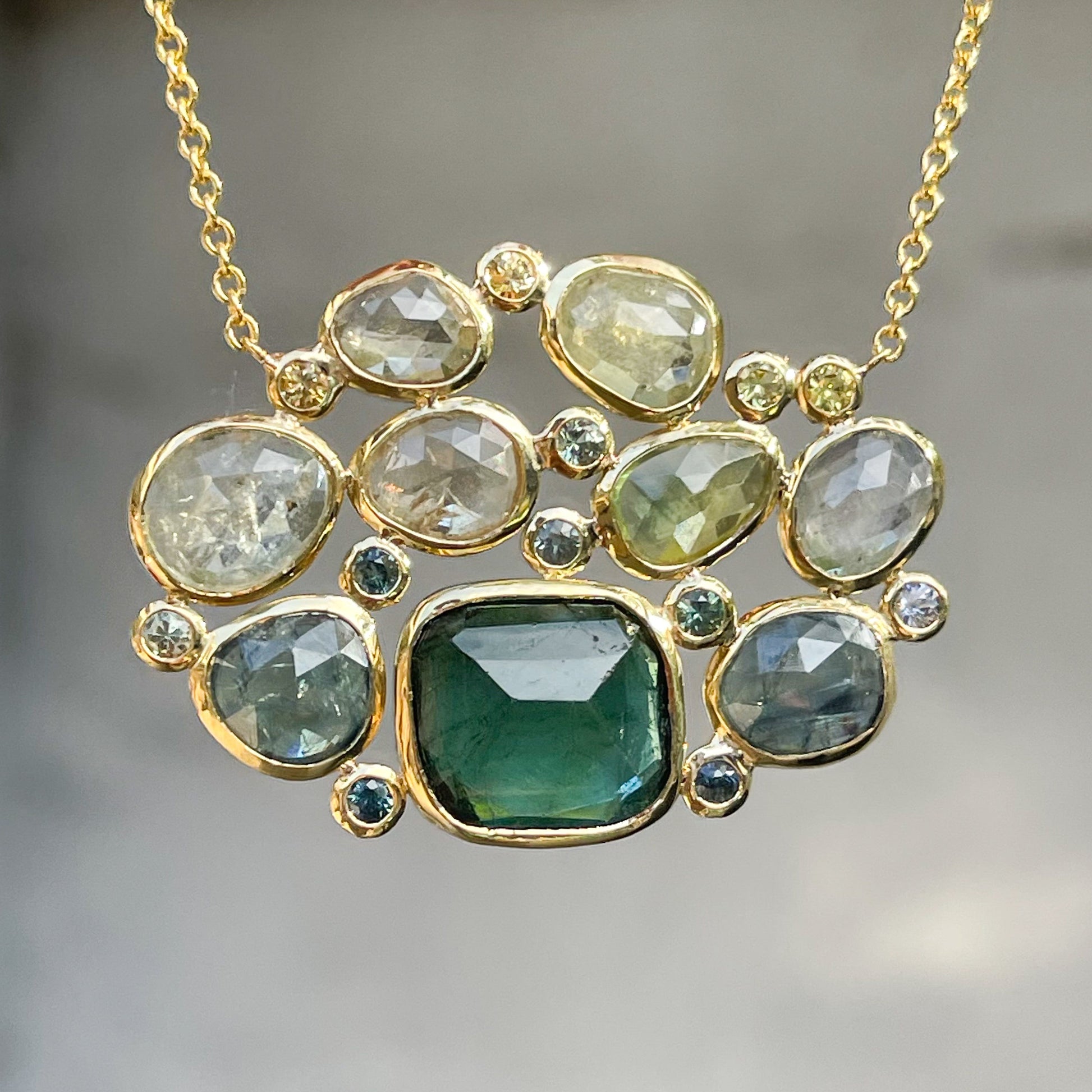  A Tourmaline and Sapphire Necklace by NIXIN Jewelry with rose cut gems and brilliant cut sapphires.