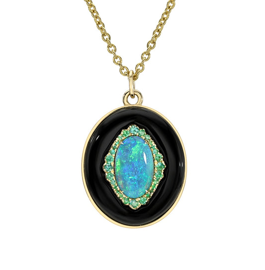 An Australian Opal Necklace by NIXIN Jewelry with a Crystal Opal and an emerald halo set in 14k gold.