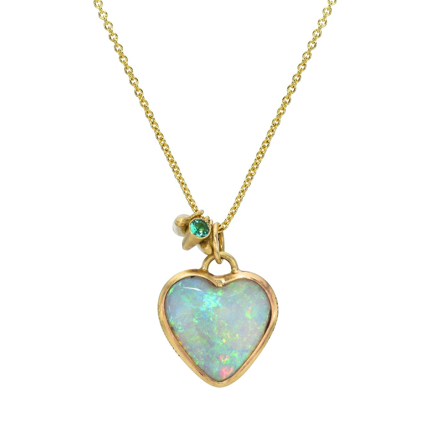 An Australian Opal Necklace by NIXIN Jewelry. The opal heart pendant is accented by sapphire and emerald charms.