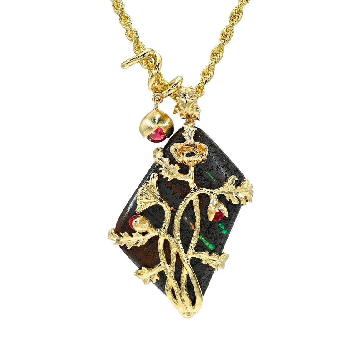 An Australian Opal Pendant by NIXIN Jewelry showcases intricate 14k gold poppy and leaf designs that unfurl across a dark ironstone backdrop. This jewelry art features rubies nestled within golden blooms, emphasizing the luxury craftsmanship of the collection. The sculptural gold work creates a women's luxury necklace that serves as a wearable testament to hope and rebirth.