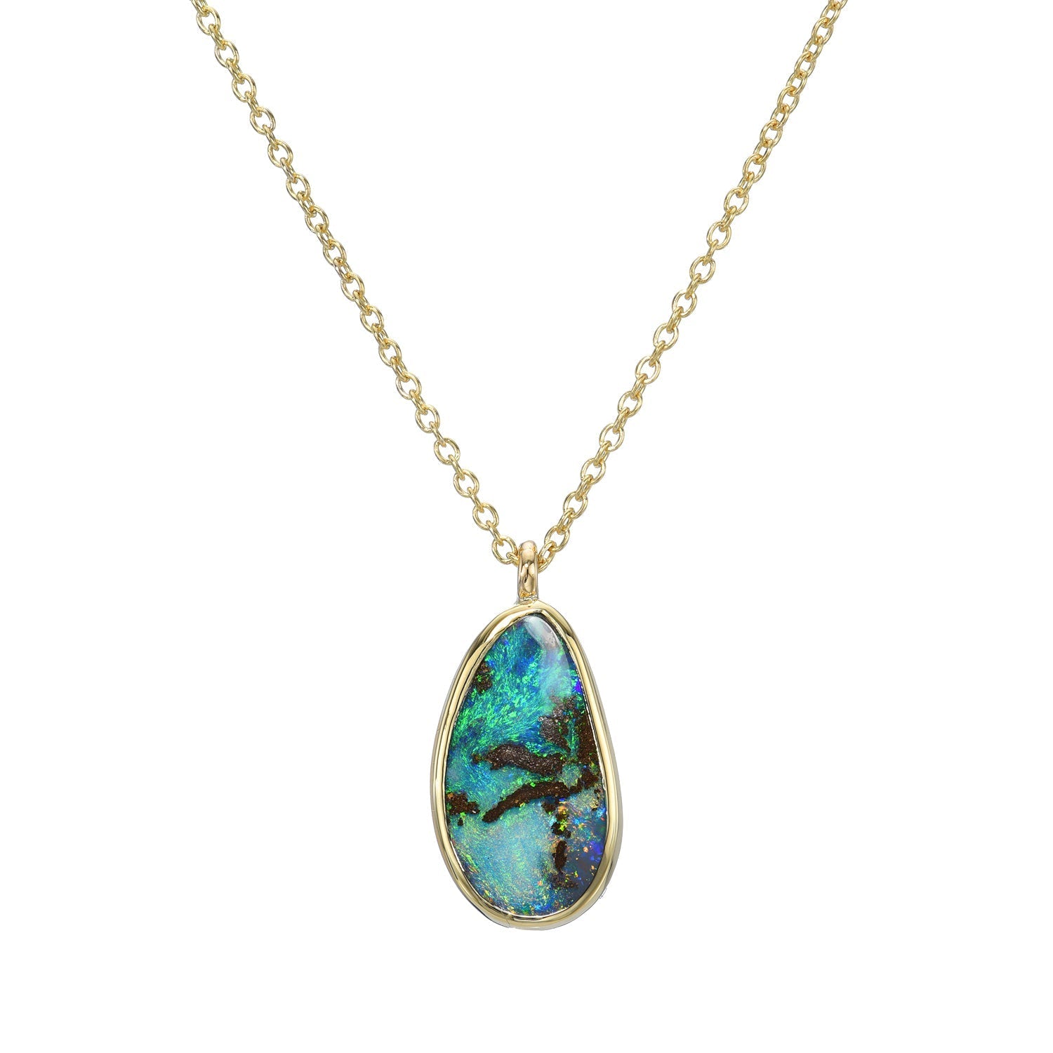An Australian Opal Necklace by NIXIN Jewelry shown against a white background. The opal pendant is in a bezel setting and is available for purchase on the website with other opal jewelry for sale.