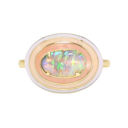 A unique Australian Opal Ring by NIXIN Jewelry, featuring an oval, east-west oriented crystal opal. This luxury ring showcases the stone's vibrant neon green and turquoise flashes, set off by a multi-colored enamel halo.