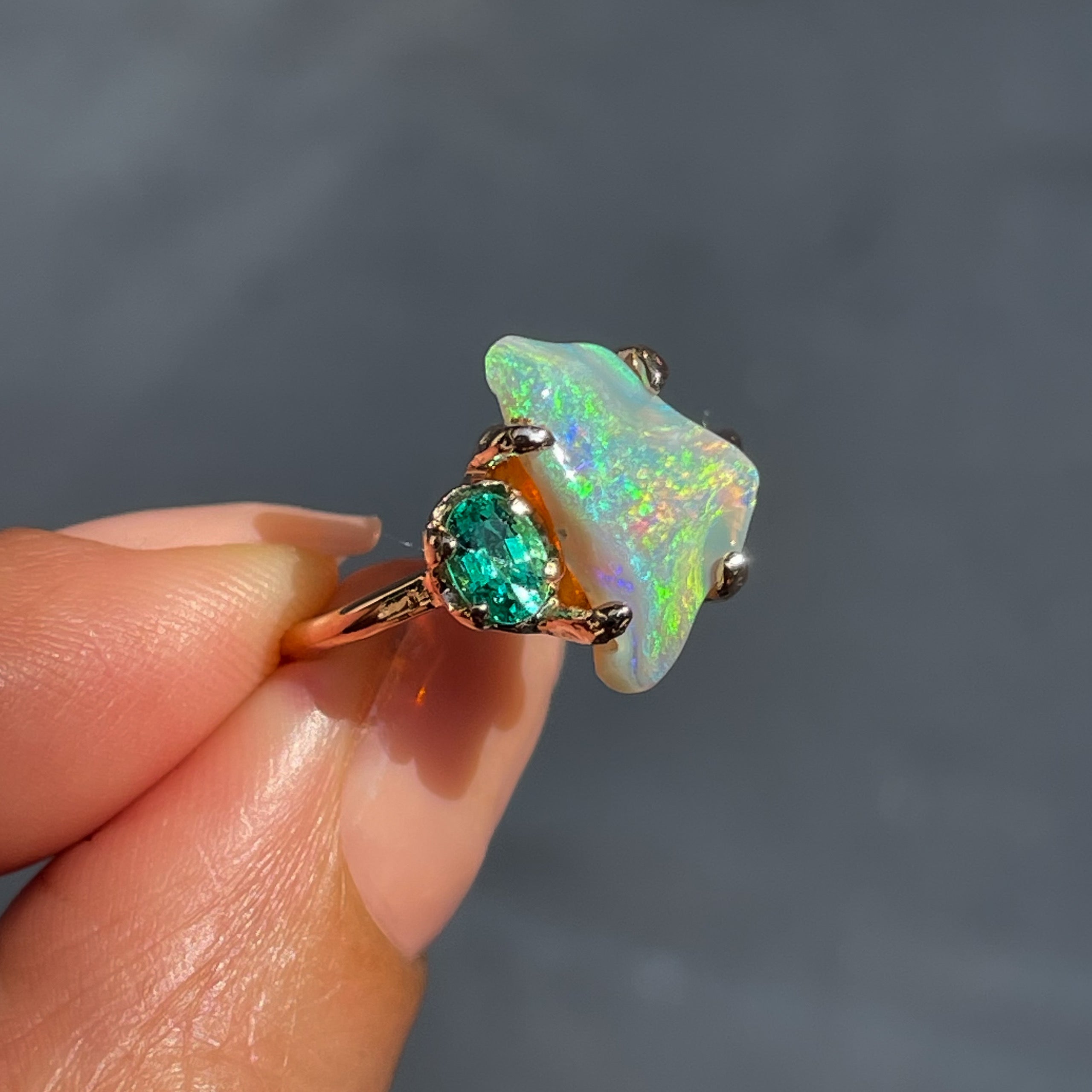 Alluvial Bloom Opal and Emerald Ring
