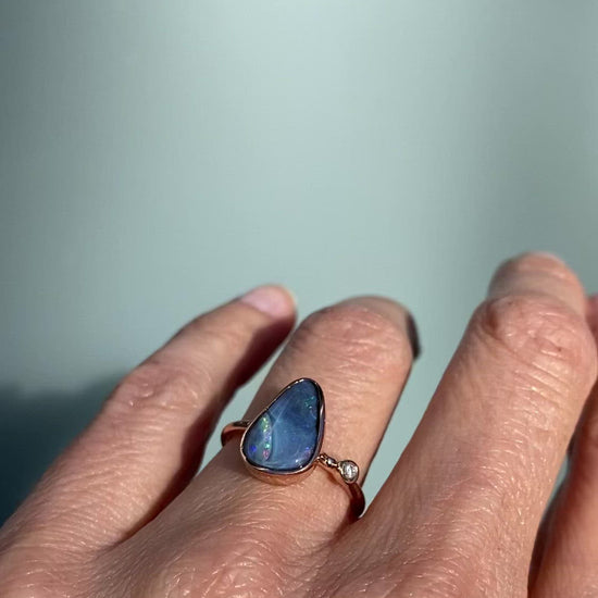 Rainbow River Dali Blue Boulder Opal and Diamond Rose Gold Ring by NIXIN Jewelry