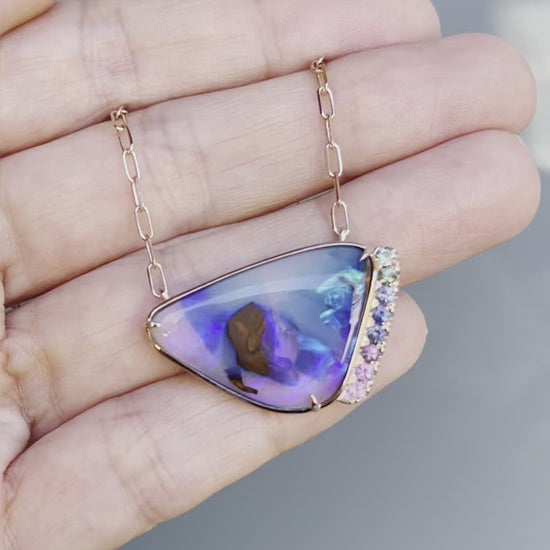 Video of purple and green opal necklace with ombre sapphires in 14k rose gold by NIXIN Jewelry