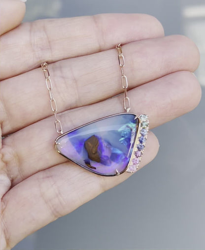 Video of purple and green opal necklace with ombre sapphires in 14k rose gold by NIXIN Jewelry