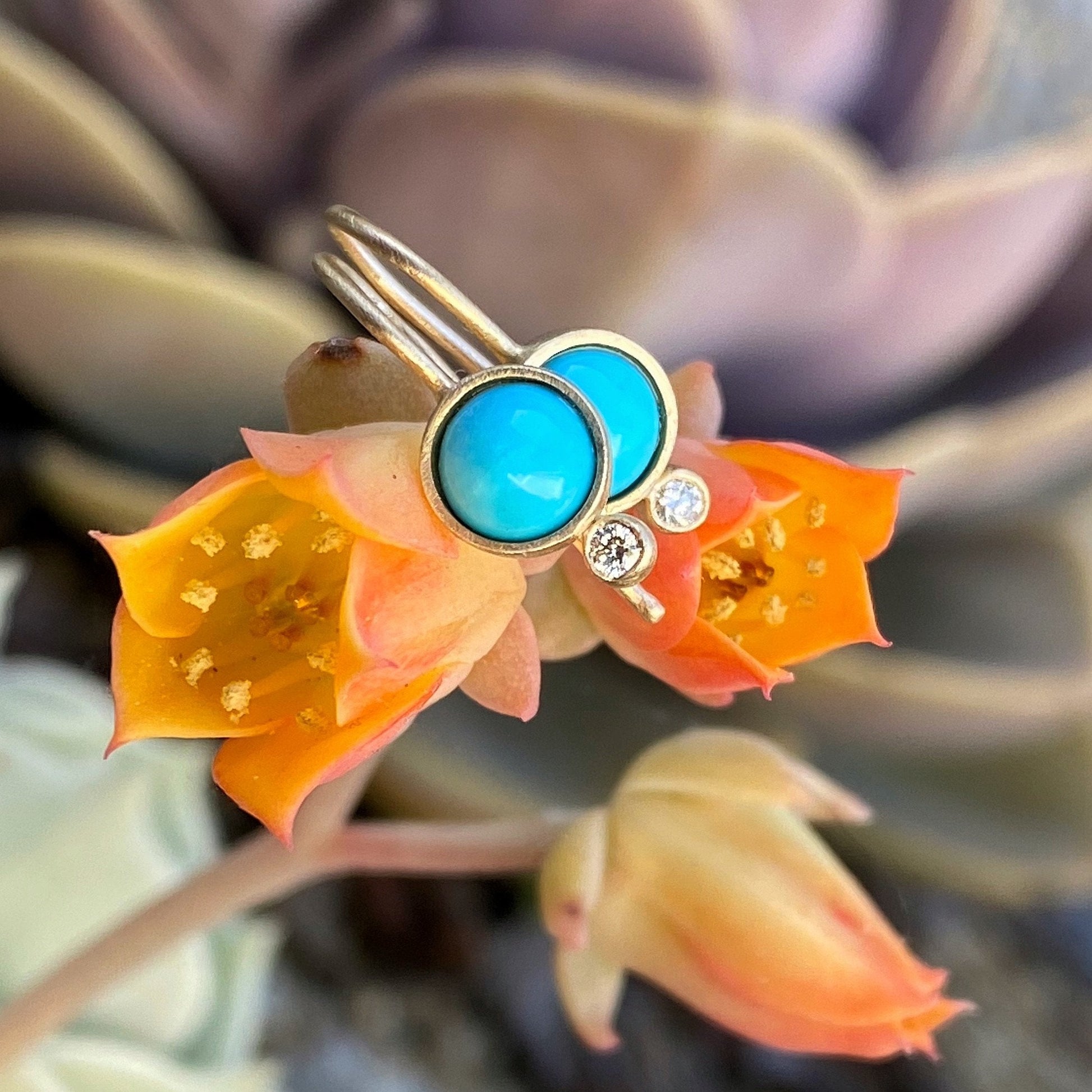 Diamond Terrano Gold Turquoise Drop Earrings on flower