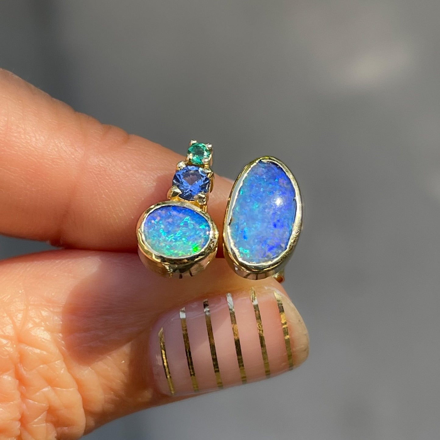 Blue green opal stud earrings in 14k gold by NIXIN Jewelry