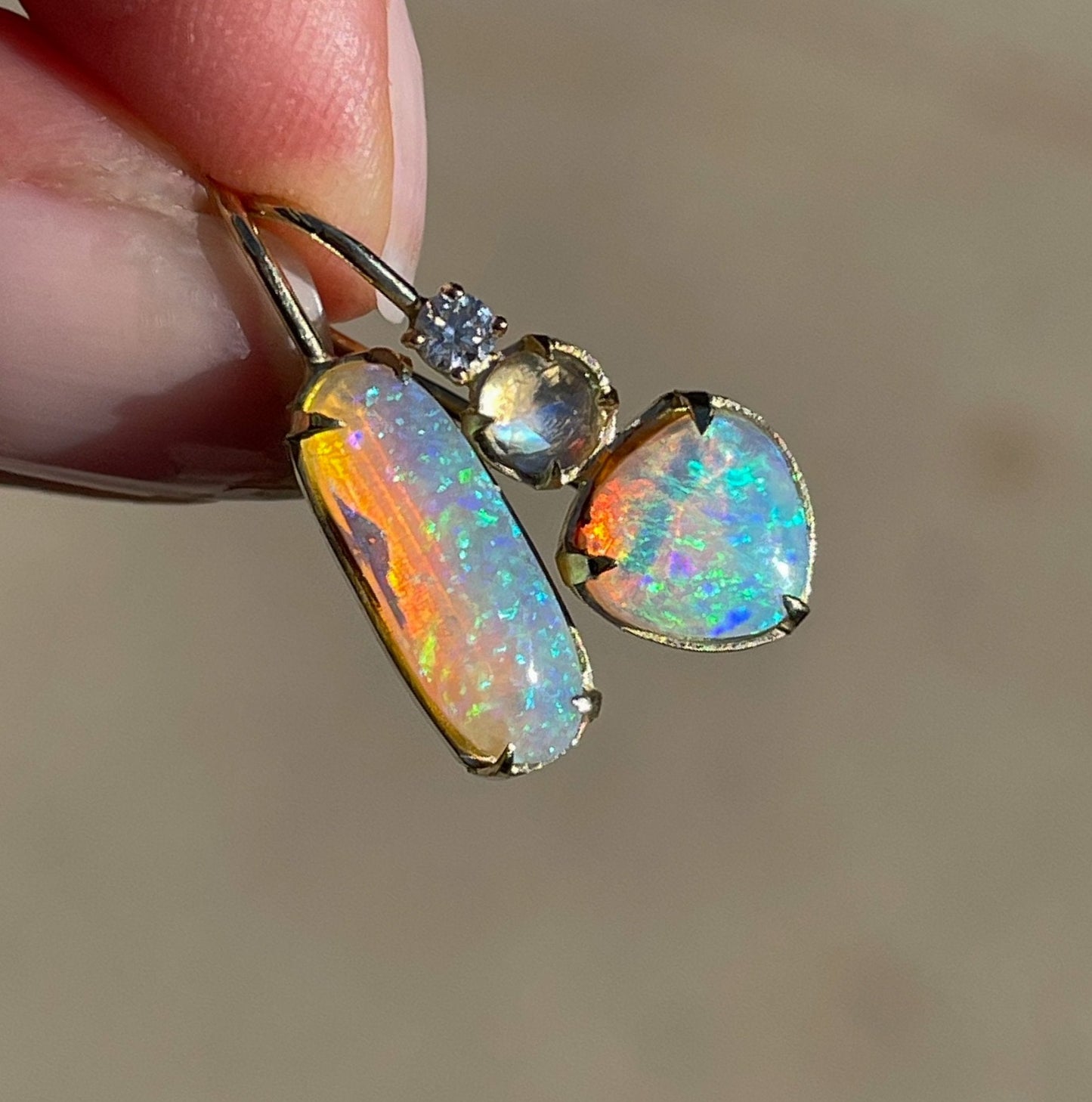 Opal drop earrings with crystal opal and blue moonstone by NIXIN Jewelry