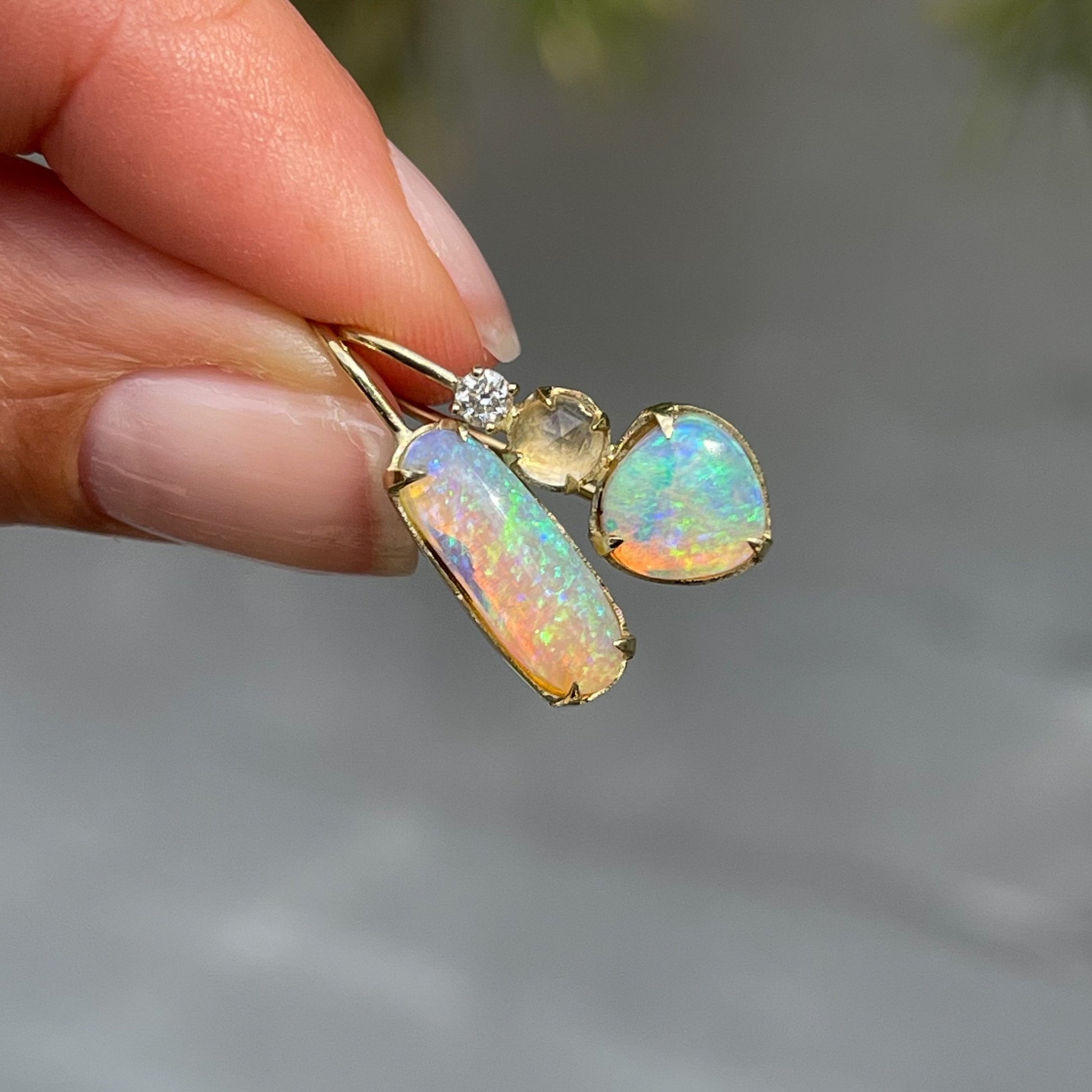 Green crystal opal and moonstone diamond earrings by NIXIN Jewelry
