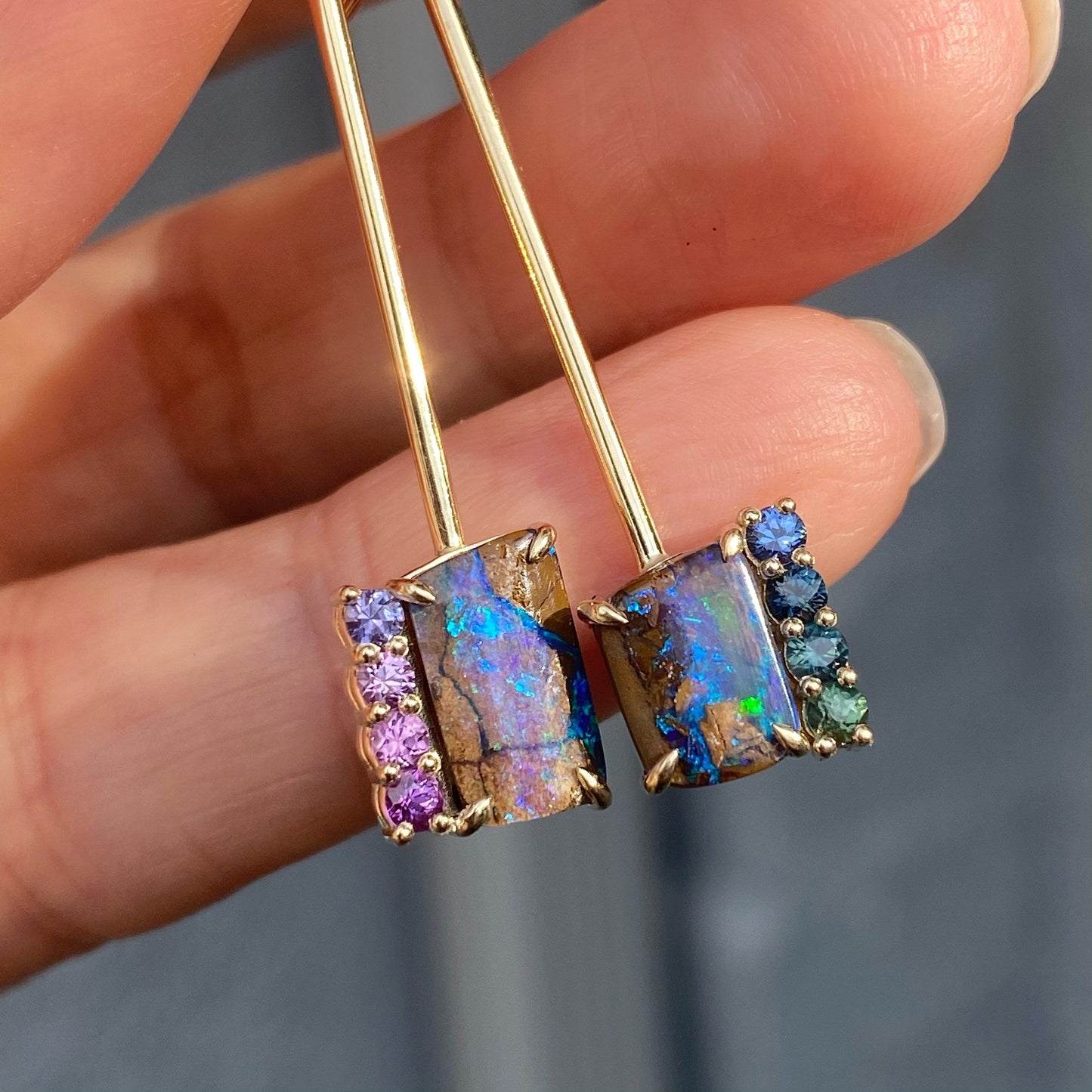 Dusk to Dreams Sapphire and Purple Opal Gold Drop Earrings by NIXIN Jewelry