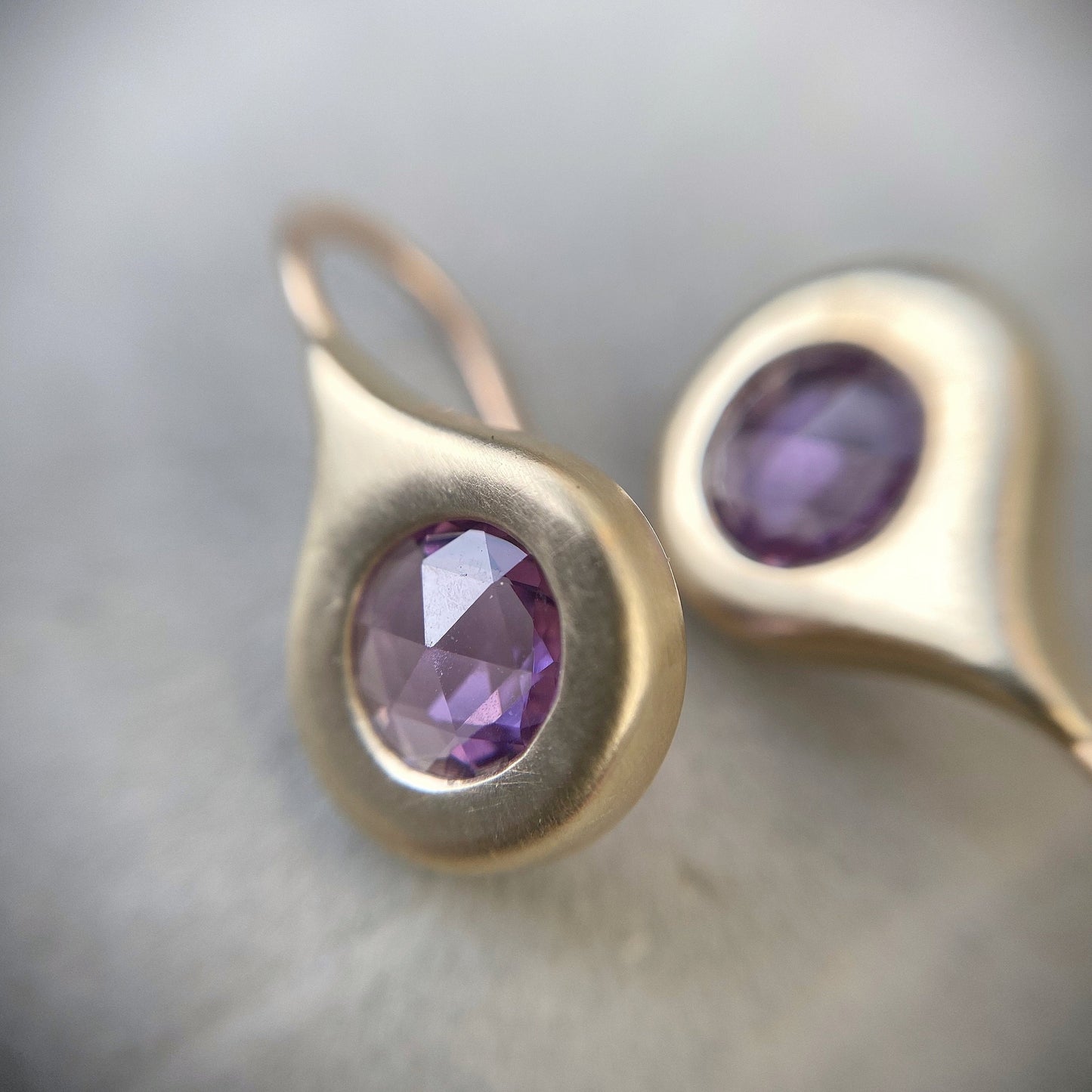 purple rose cut sapphire earrings in 14k gold