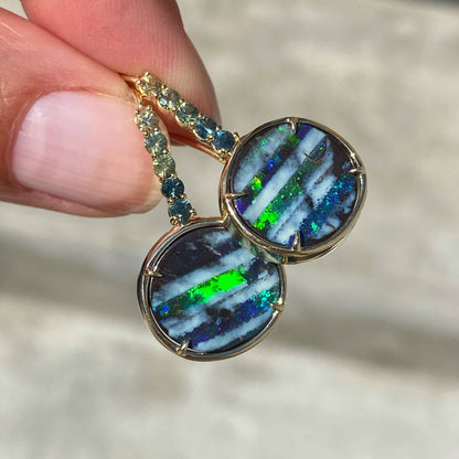 14k Gold Australian opal drop earrings with green sapphires by NIXIN Jewelry