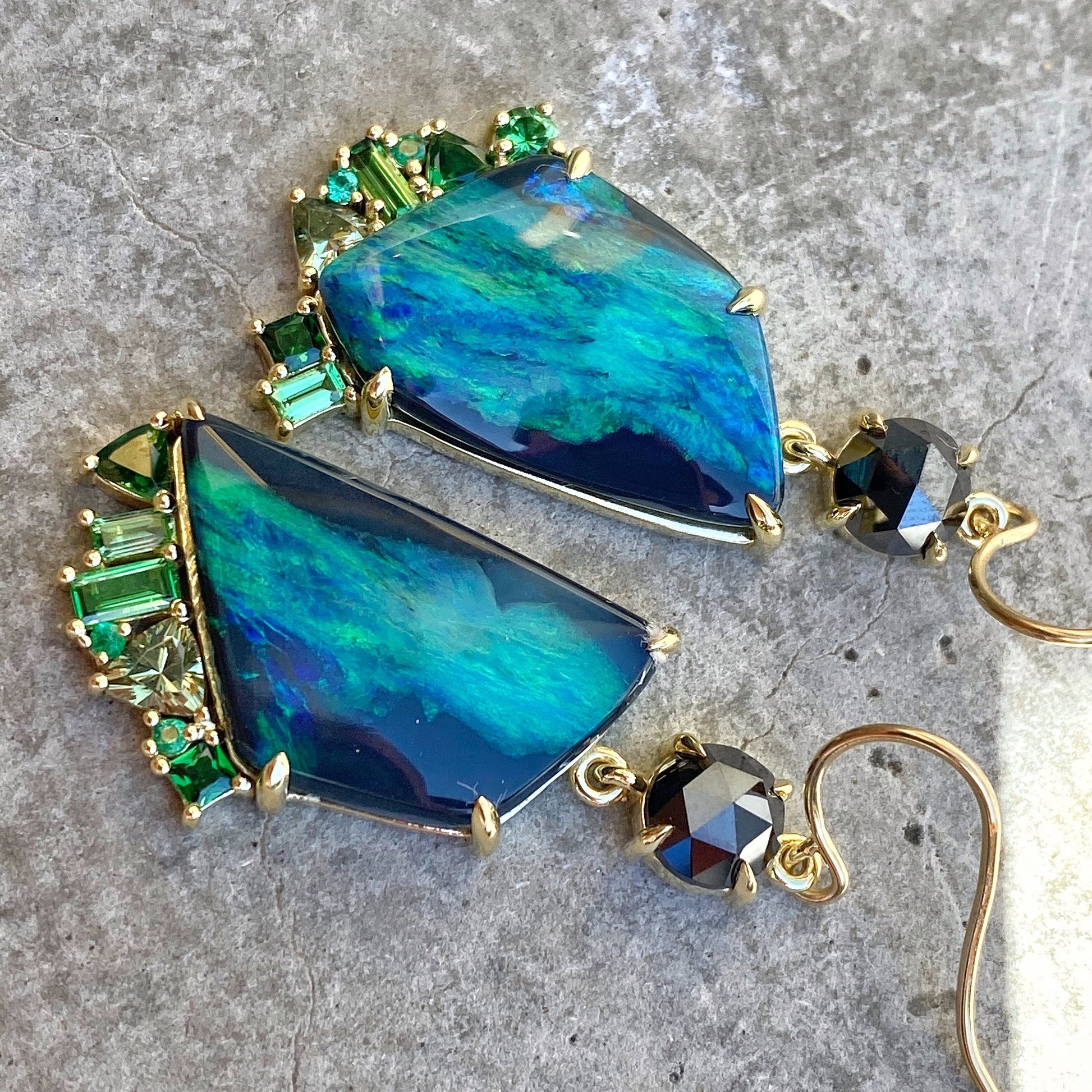 Hidden Valley Green Garnet Black Opal Earrings by NIXIN Jewlery