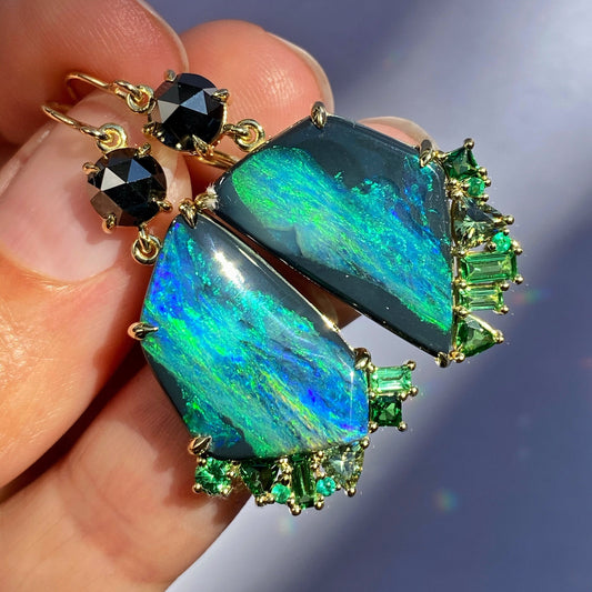 Hidden Valley Green Garnet Black Opal Earrings by NIXIN Jewlery