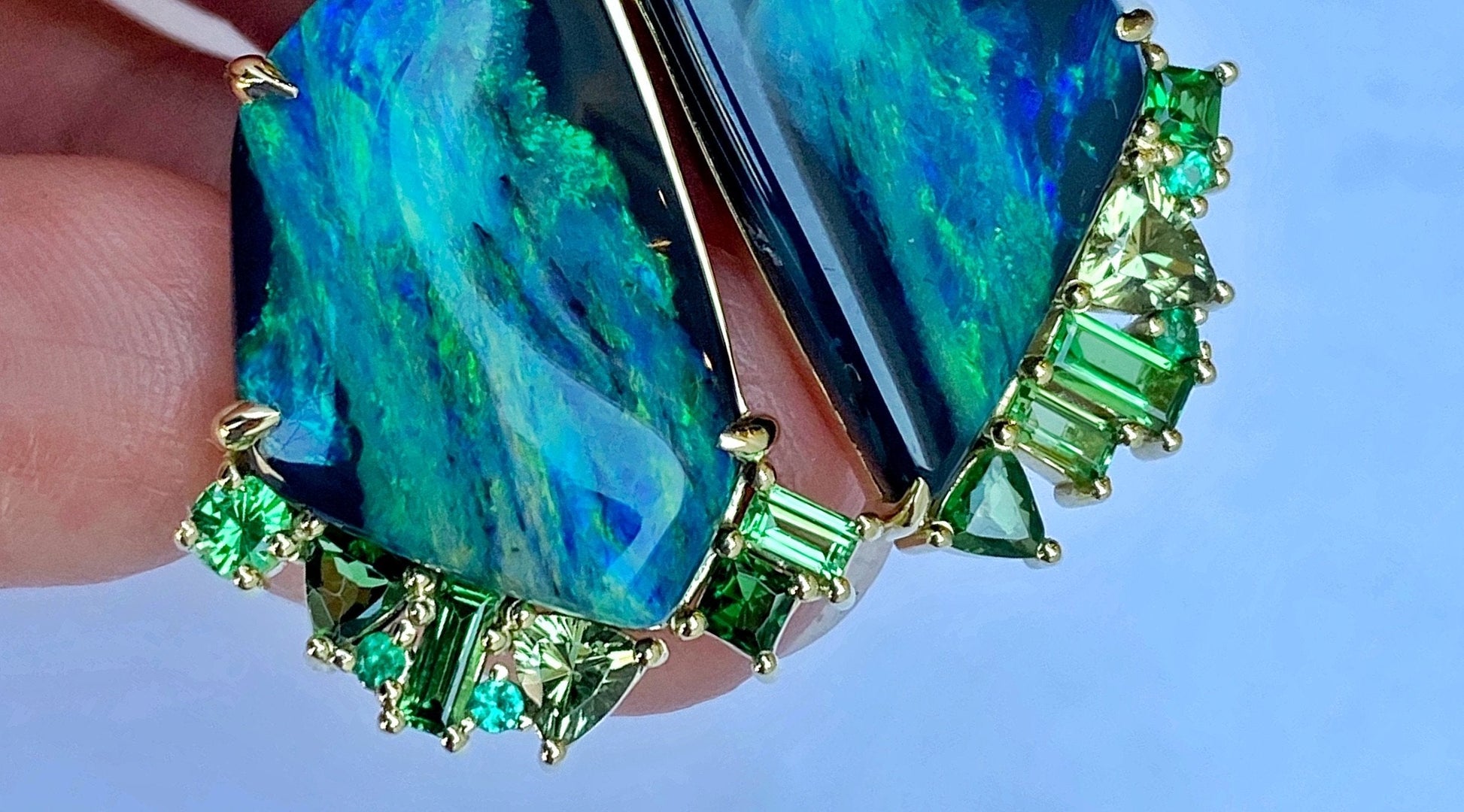 Hidden Valley Green Garnet Black Opal Earrings by NIXIN Jewlery