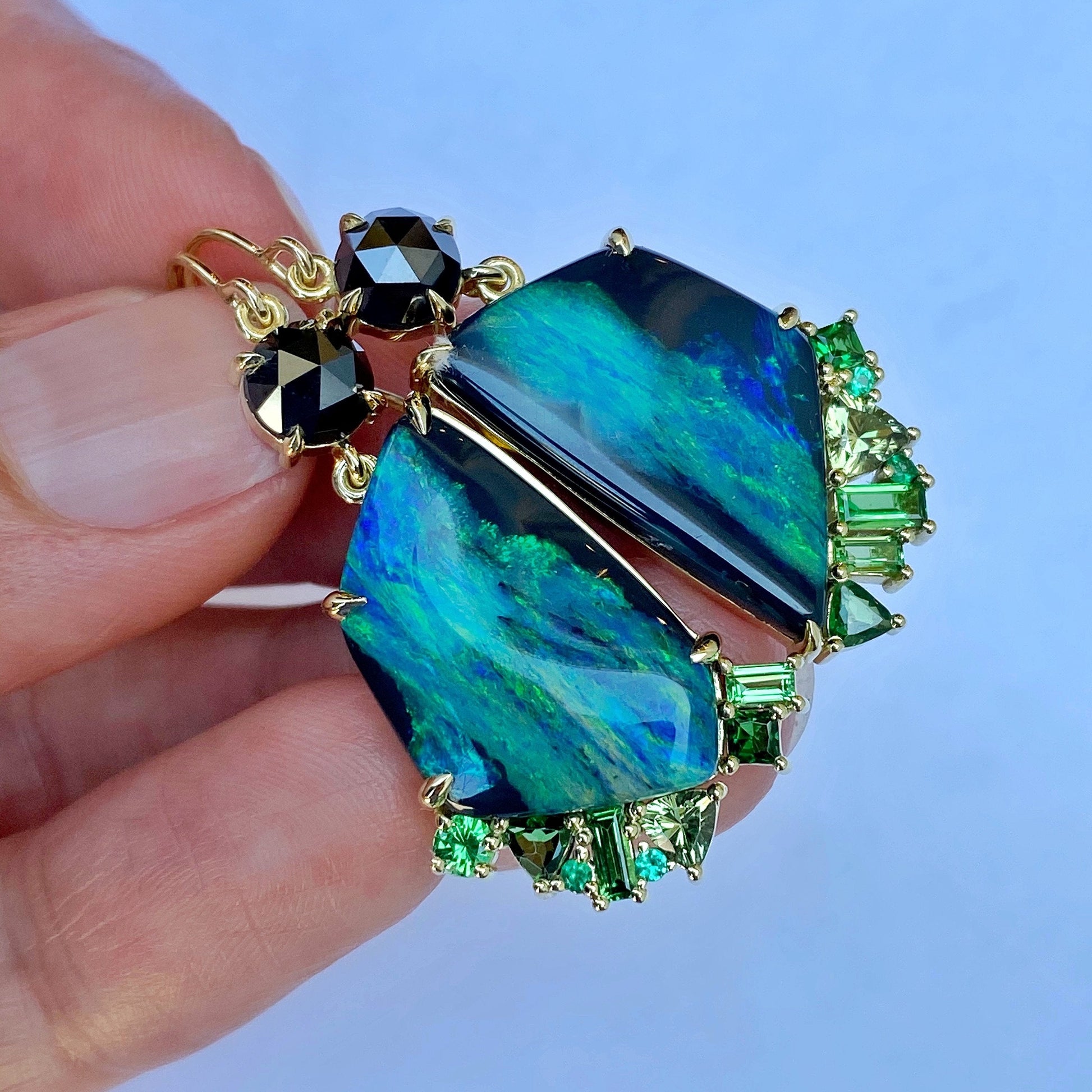Hidden Valley Green Garnet Black Opal Earrings by NIXIN Jewlery