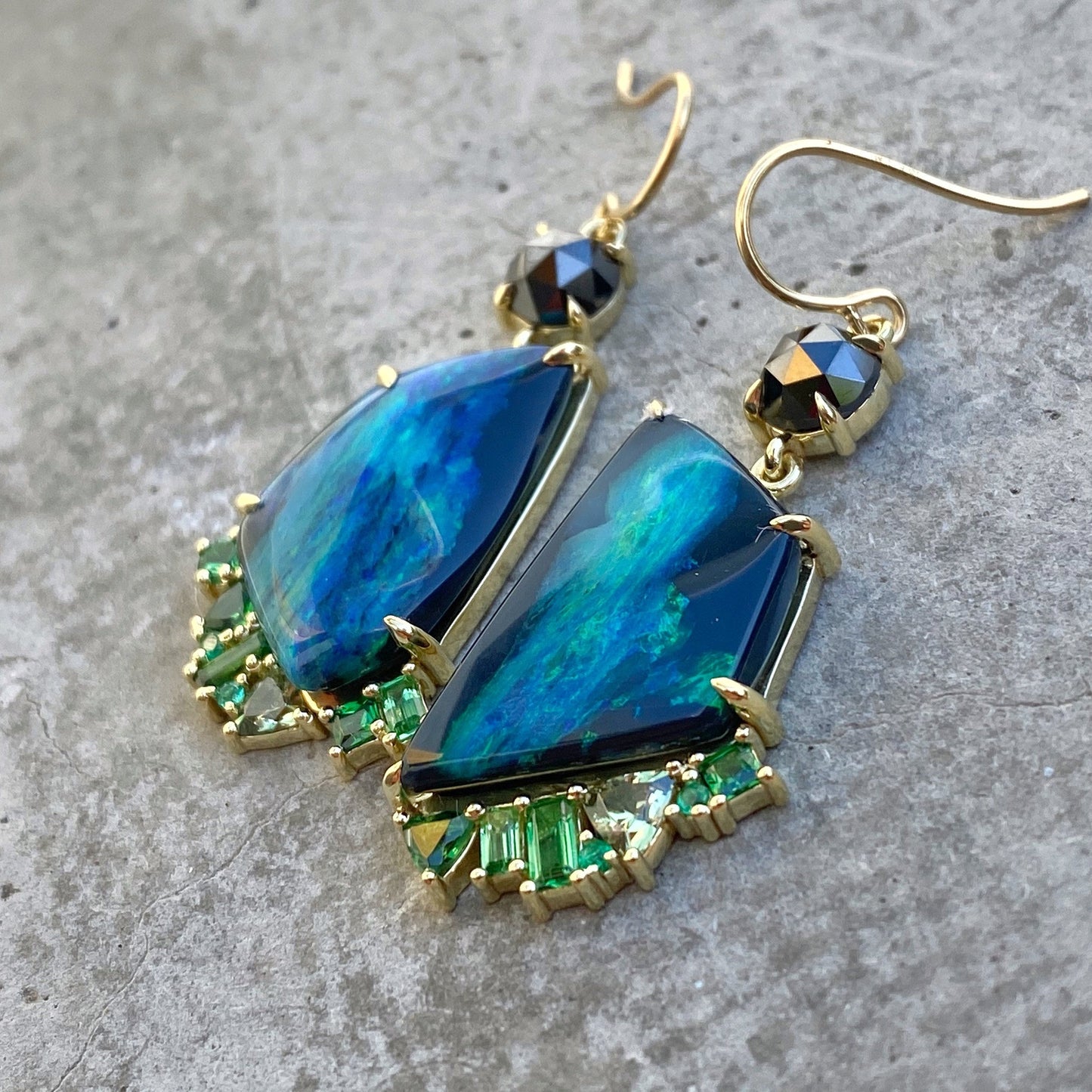 Hidden Valley Green Garnet Black Opal Earrings by NIXIN Jewlery