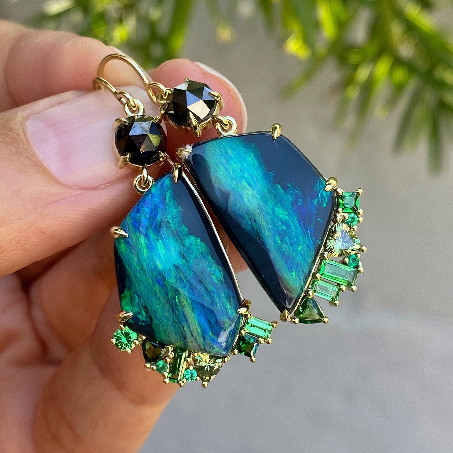 Hidden Valley Green Garnet Black Opal Earrings by NIXIN Jewlery