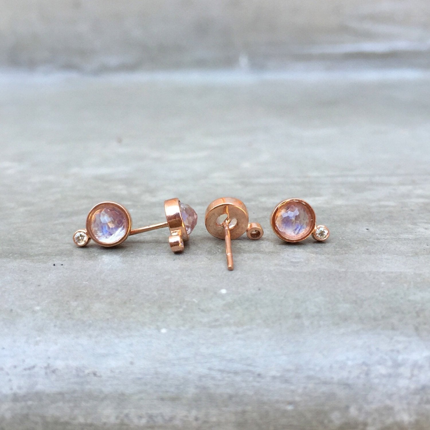 moonbeam moonstone diamond stud earrings in rose gold, different angles
