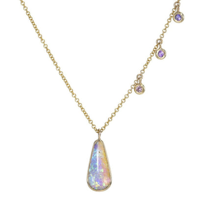 Australian Opal Necklace by NIXIN Jewelry against white background. Sapphire and opal necklace.