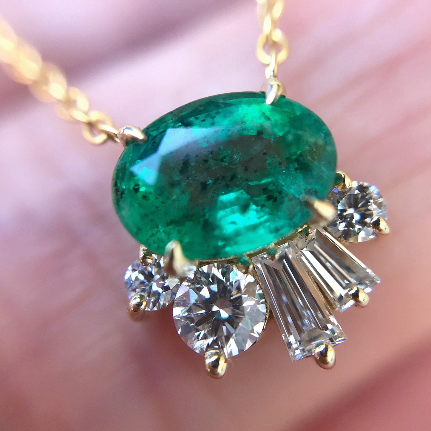 Emerald and Diamond Deco Demi Necklace-necklace-NIXIN-14k Rose Gold-NIXIN