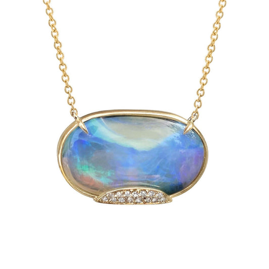 Blue Boulder Opal Necklace in 14k Gold with Diamonds by NIXIN Jewelry