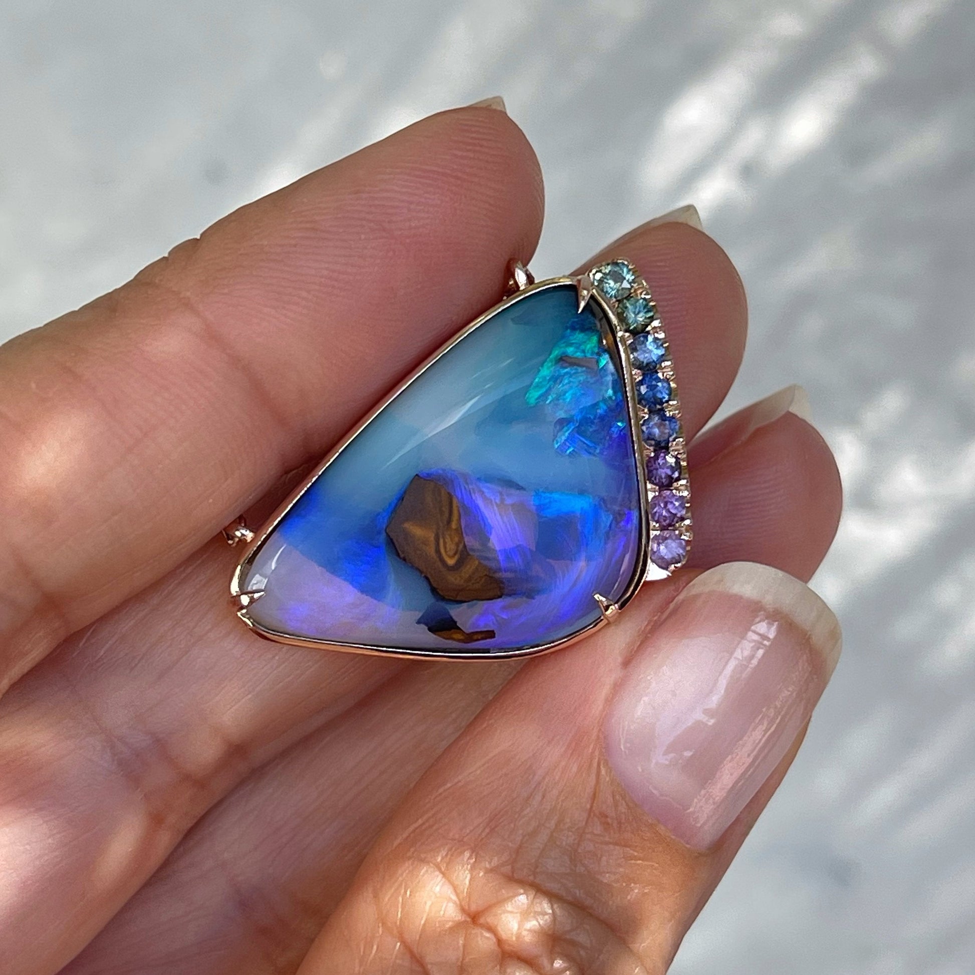 Rose gold opal necklace with lavender opal and purple sapphires by NIXIN Jewelry
