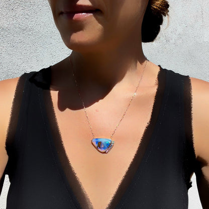 Blue and lavender opal necklace by NIXIN Jewelry on model