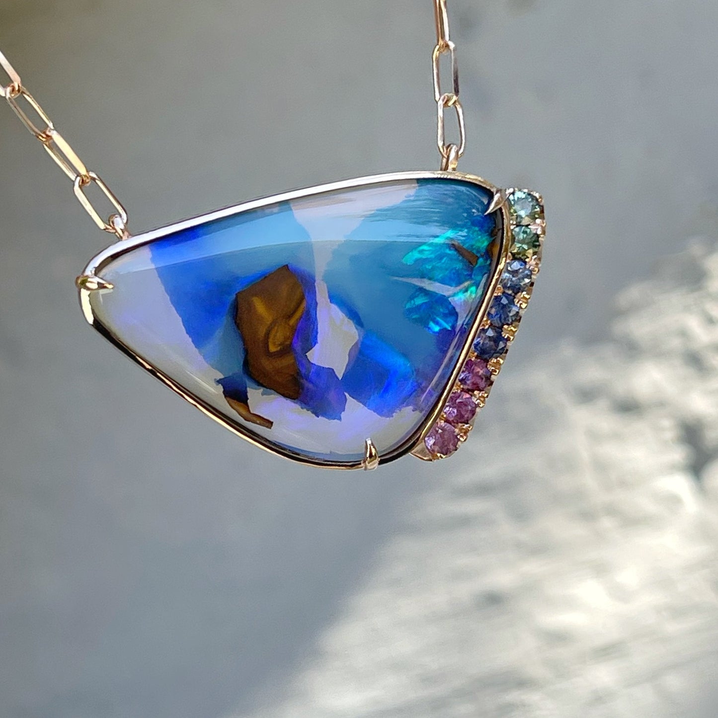 Blue boulder opal necklace with blue and green sapphires by NIXIN Jewlery