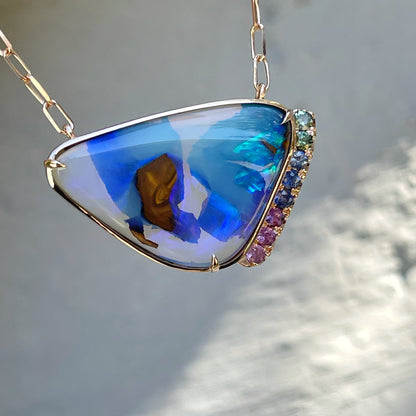 Blue boulder opal necklace with blue and green sapphires by NIXIN Jewlery
