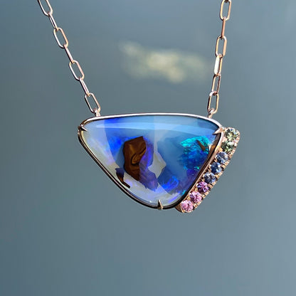 Crystal boulder opal and blue green sapphire pendant by NIXIN Jewelry
