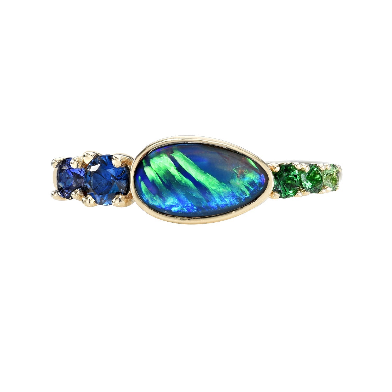 Black Opal Ring by NIXIN Jewelry on white background. Sapphire and opal ring.