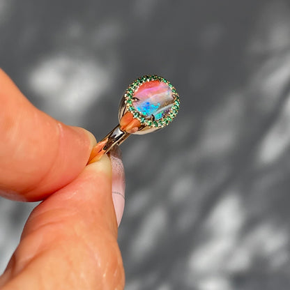 Australian Opal and Emerald Ring by NIXIN Jewelry showing side of ring. Pink and blue opal ring.