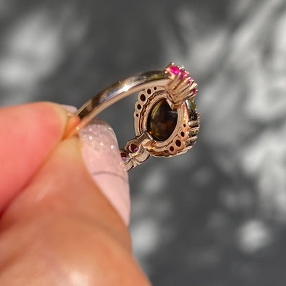 Sapphire and Opal Ring by NIXIN Jewelry showing back of mounting. Pink and blue sapphire opal ring.