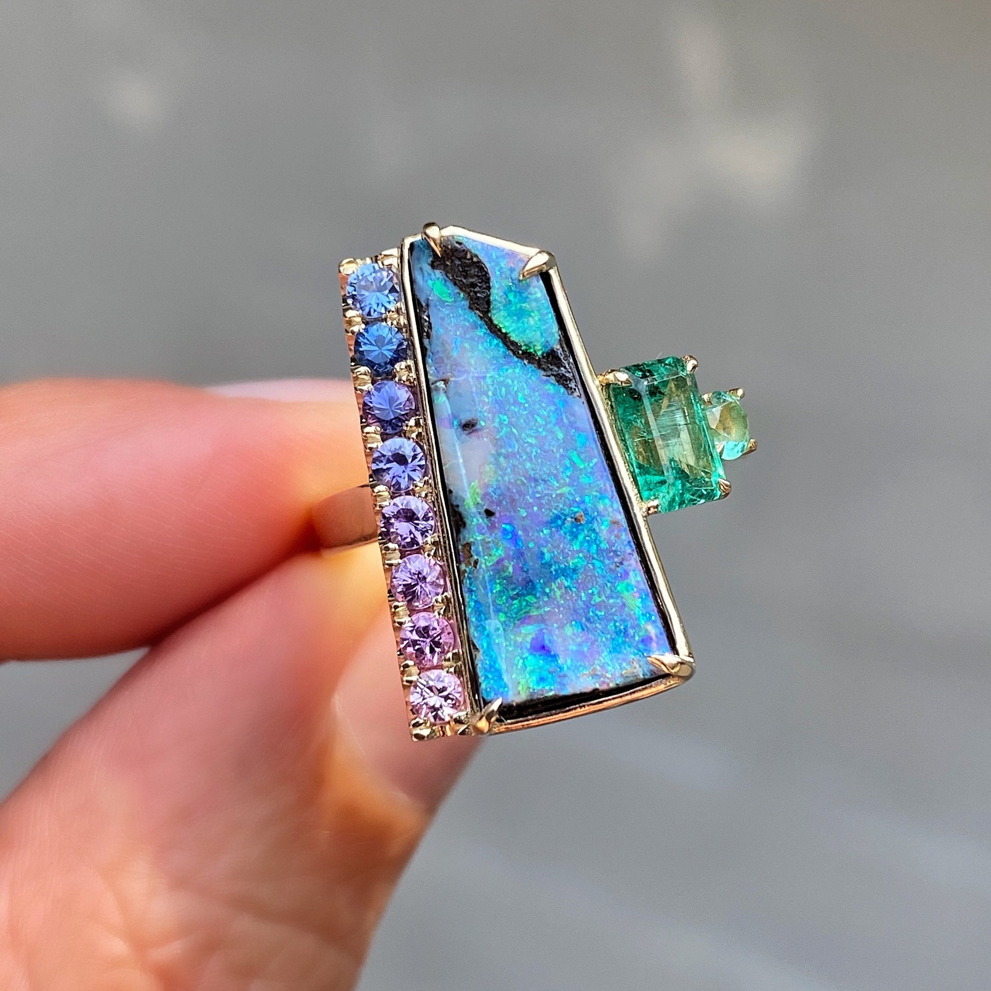 Mystic Waterfall Boulder Opal and Emerald Ring by NIXIN Jewelry