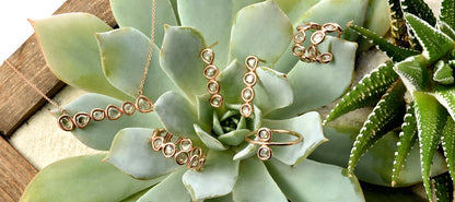 Paleo Double Diamond Slice Rose Gold Ring and other Paleo Series Pieces against a succulent