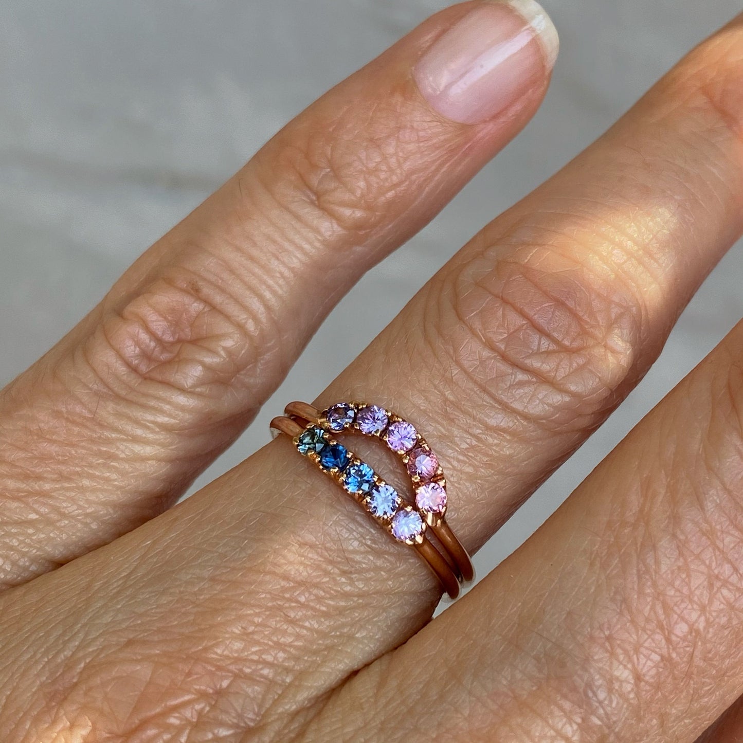 Pegasus Arc Ombré Sapphire Curve Ring line + hue collaboration with NIXIN Jewelry