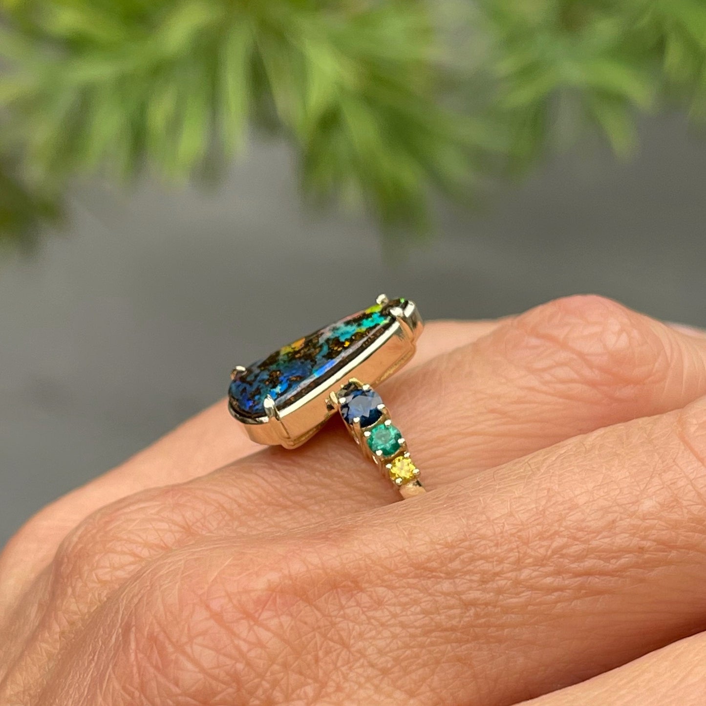 Profile shot of regalia Ring on hand demonstrating profile by NIXIN Jewelry