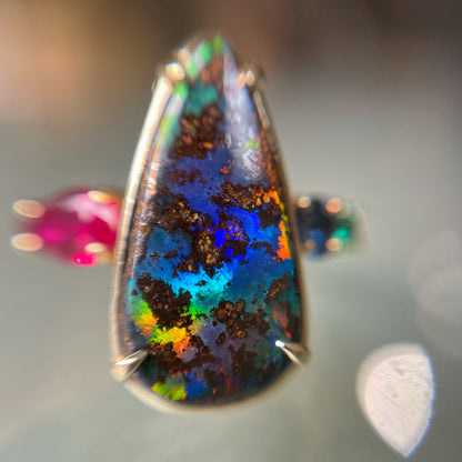 Close up of rainbow opal ring boulder opal by