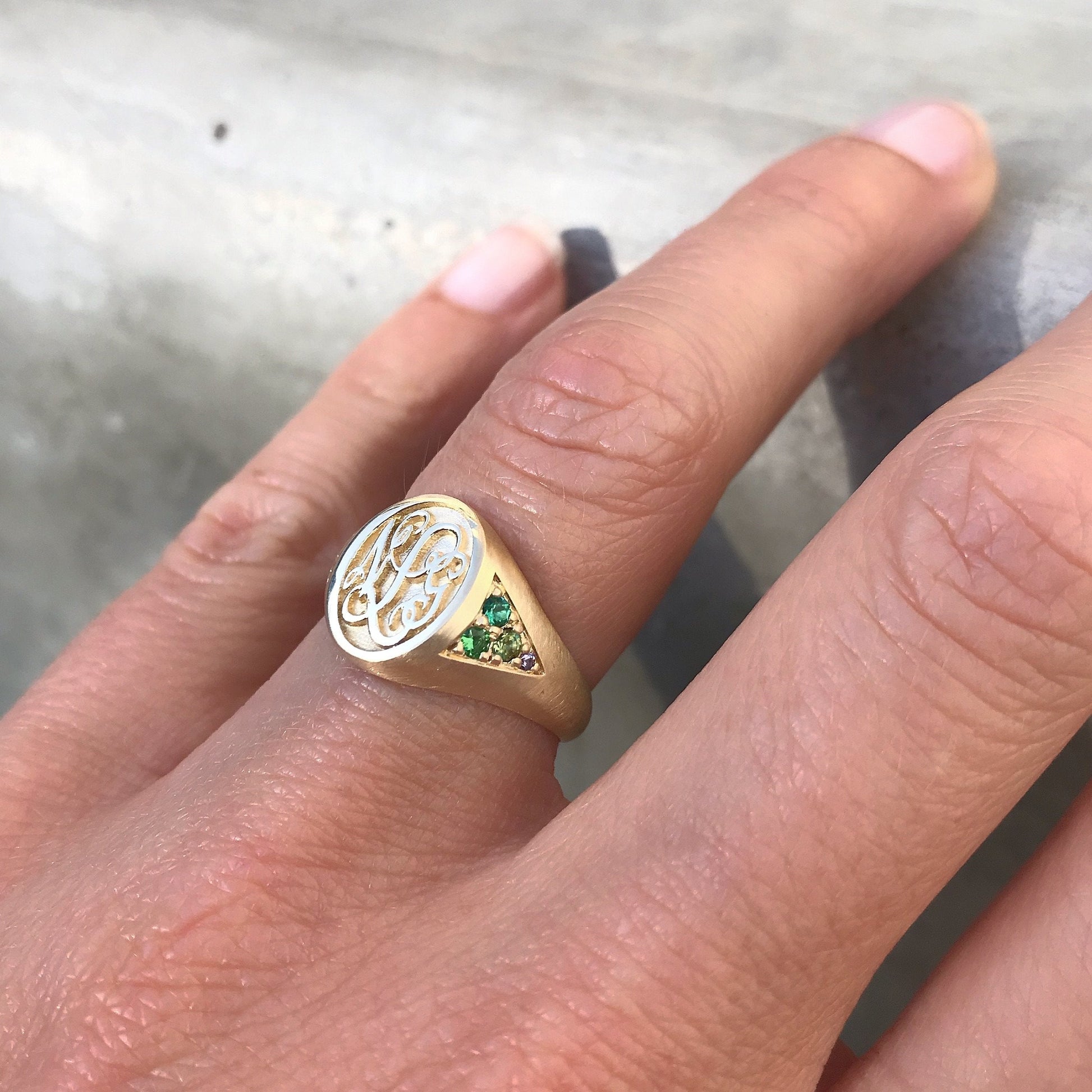 Signet Stones Monogram Ring with Gemstones-ring-NIXIN-14k Yellow Gold-Satin Finish-NIXIN