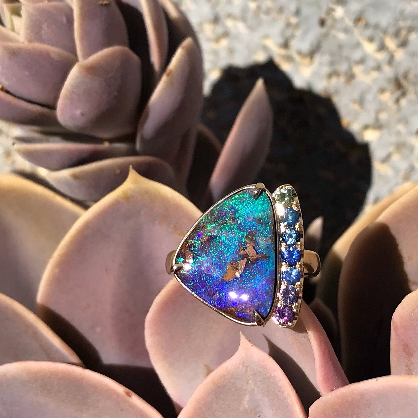 purple boulder opal ring