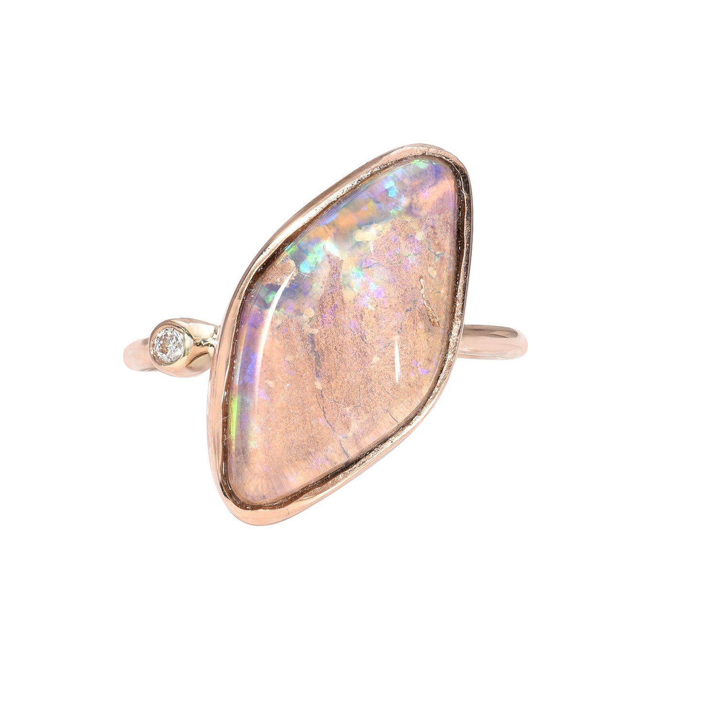 Zion Dali Australian Opal Ring by NIXIN Jewelry on white background. Rose gold opal ring.